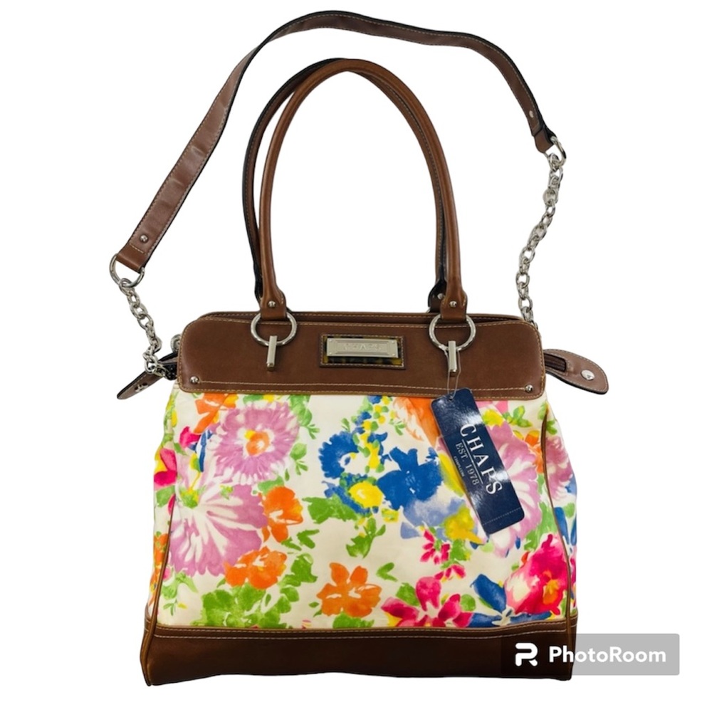 CHAPS BY RALPH LAUREN BOWN FAUX LEATHER FLORAL FABRIC SHOULDER BAG